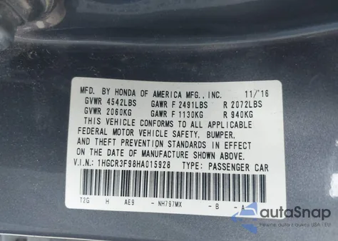 2017 Honda Accord Touring V6 from USA, damaged, VIN 1HGCR3F98HA015928